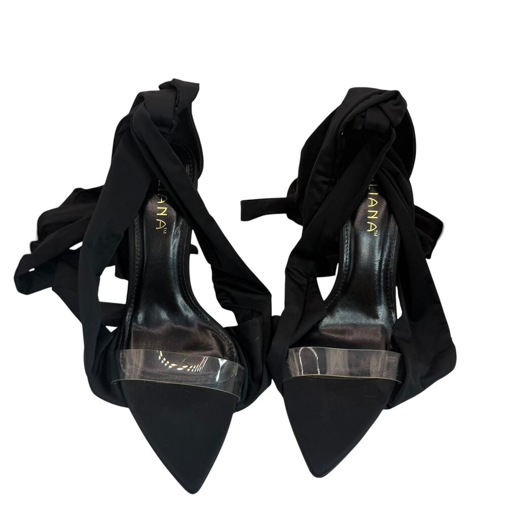 Liliana Black Lace Up Heels Clear Strap Pointed Toe Stiletto Size 8.5 Y2K